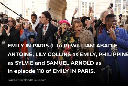 EMILY IN PARIS (L to R) WILLIAM ABADIE as ANTOINE, LILY COLLINS as EMILY, PHILIPPINE LEROY-BEAULIEU as SYLVIE and SAMUEL ARNOLD as LUKE in episode 110 of EMILY IN PARIS.