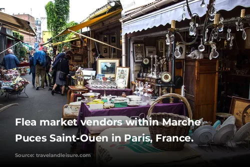 Flea market vendors within Marche aux Puces Saint-Ouen in Paris, France.