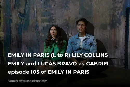 EMILY IN PARIS (L to R) LILY COLLINS as EMILY and LUCAS BRAVO as GABRIEL in episode 105 of EMILY IN PARIS