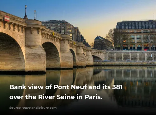 Bank view of Pont Neuf and its 381 masks over the River Seine in Paris.