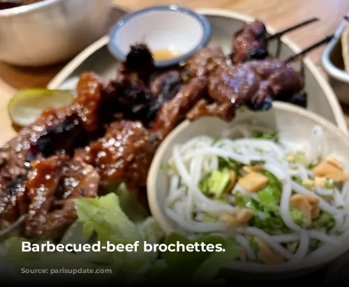 Barbecued-beef brochettes.