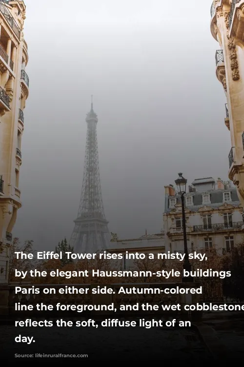 The Eiffel Tower rises into a misty sky, framed by the elegant Haussmann-style buildings of Paris on either side. Autumn-colored trees line the foreground, and the wet cobblestone street reflects the soft, diffuse light of an overcast day.