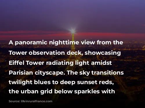 A panoramic nighttime view from the Montparnasse Tower observation deck, showcasing the Eiffel Tower radiating light amidst the Parisian cityscape. The sky transitions from twilight blues to deep sunset reds, while the urban grid below sparkles with streetlights.