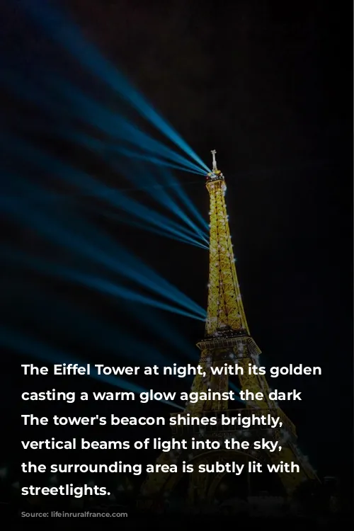 The Eiffel Tower at night, with its golden illumination casting a warm glow against the dark sky. The tower's beacon shines brightly, sending vertical beams of light into the sky, while the surrounding area is subtly lit with ambient streetlights.