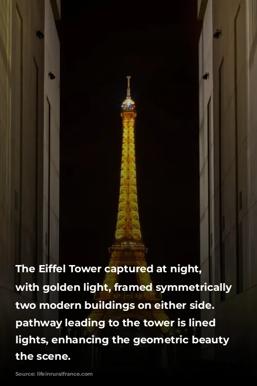 The Eiffel Tower captured at night, glowing with golden light, framed symmetrically by two modern buildings on either side. The pathway leading to the tower is lined with lights, enhancing the geometric beauty of the scene.