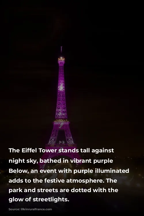 The Eiffel Tower stands tall against the night sky, bathed in vibrant purple lighting. Below, an event with purple illuminated fountains adds to the festive atmosphere. The surrounding park and streets are dotted with the warm glow of streetlights.