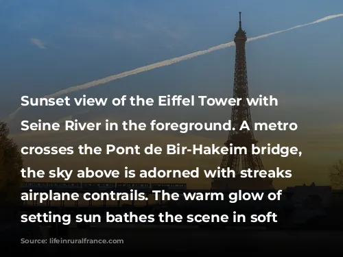 Sunset view of the Eiffel Tower with the Seine River in the foreground. A metro train crosses the Pont de Bir-Hakeim bridge, while the sky above is adorned with streaks of airplane contrails. The warm glow of the setting sun bathes the scene in soft light.