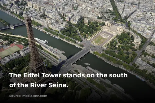 The Eiffel Tower stands on the south bank of the River Seine.