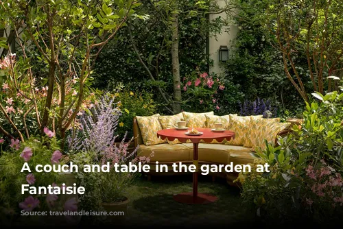 A couch and table in the garden at La Fantaisie