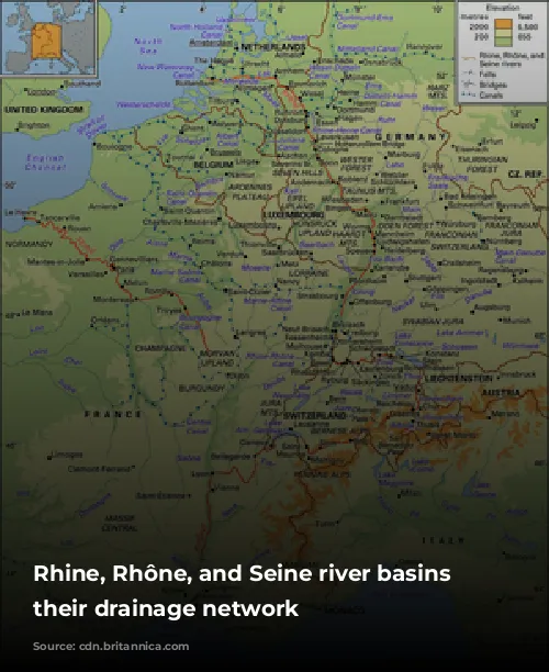 Rhine, Rhône, and Seine river basins and their drainage network