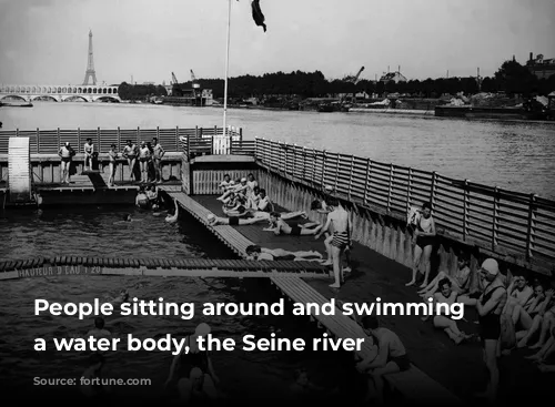 People sitting around and swimming inside a water body, the Seine river 