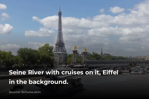 Seine River with cruises on it, Eiffel Tower in the background.