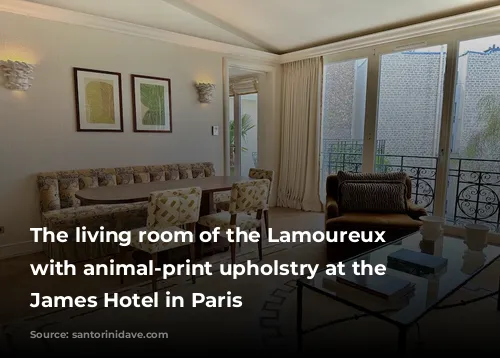 The living room of the Lamoureux Aparment with animal-print upholstry at the Saint James Hotel in Paris