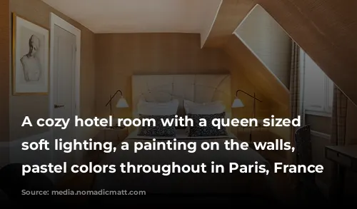 A cozy hotel room with a queen sized bed, soft lighting, a painting on the walls, and pastel colors throughout in Paris, France