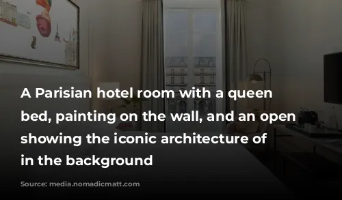 A Parisian hotel room with a queen sized bed, painting on the wall, and an open window showing the iconic architecture of Paris in the background