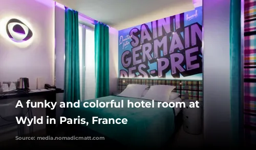 A funky and colorful hotel room at Hotel Wyld in Paris, France