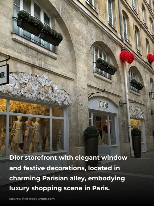 Dior storefront with elegant window displays and festive decorations, located in a charming Parisian alley, embodying the luxury shopping scene in Paris.