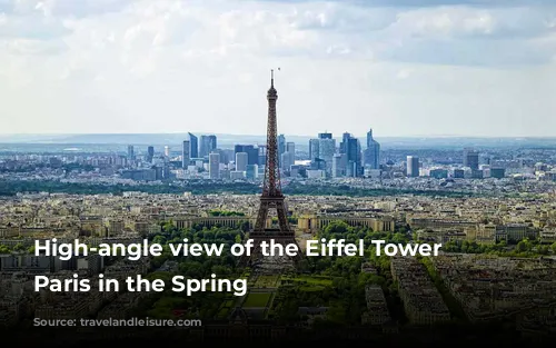 High-angle view of the Eiffel Tower and Paris in the Spring