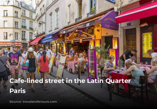 Cafe-lined street in the Latin Quarter of Paris