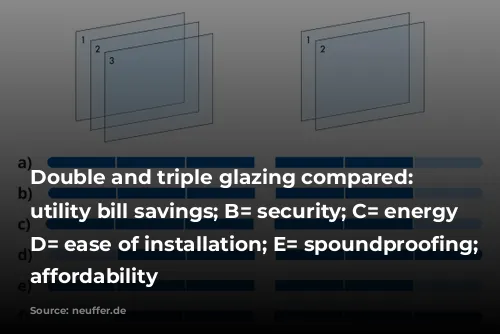 Double and triple glazing compared: A= utility bill savings; B= security; C= energy efficiency; D= ease of installation; E= spoundproofing; F= affordability